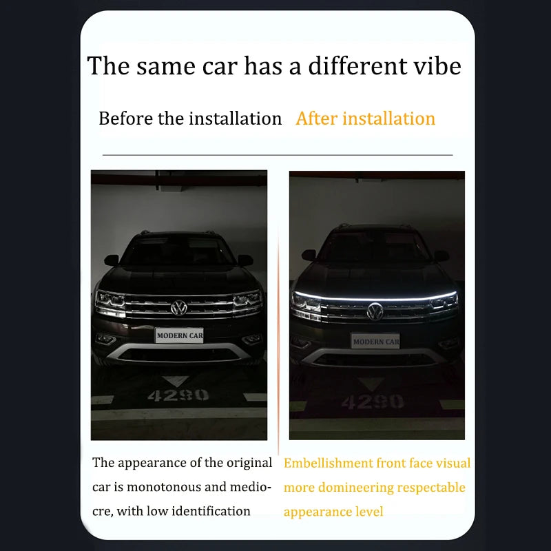 Before and after comparison of VW Tiguan without and with dynamic LED DRL hood light strip glowing at night