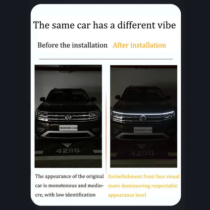 Before and after comparison of VW Tiguan without and with dynamic LED DRL hood light strip glowing at night