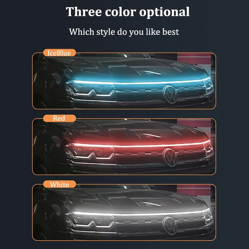 Dynamic LED DRL hood light strip colour options: ice blue, red and white shown on VW car front at night