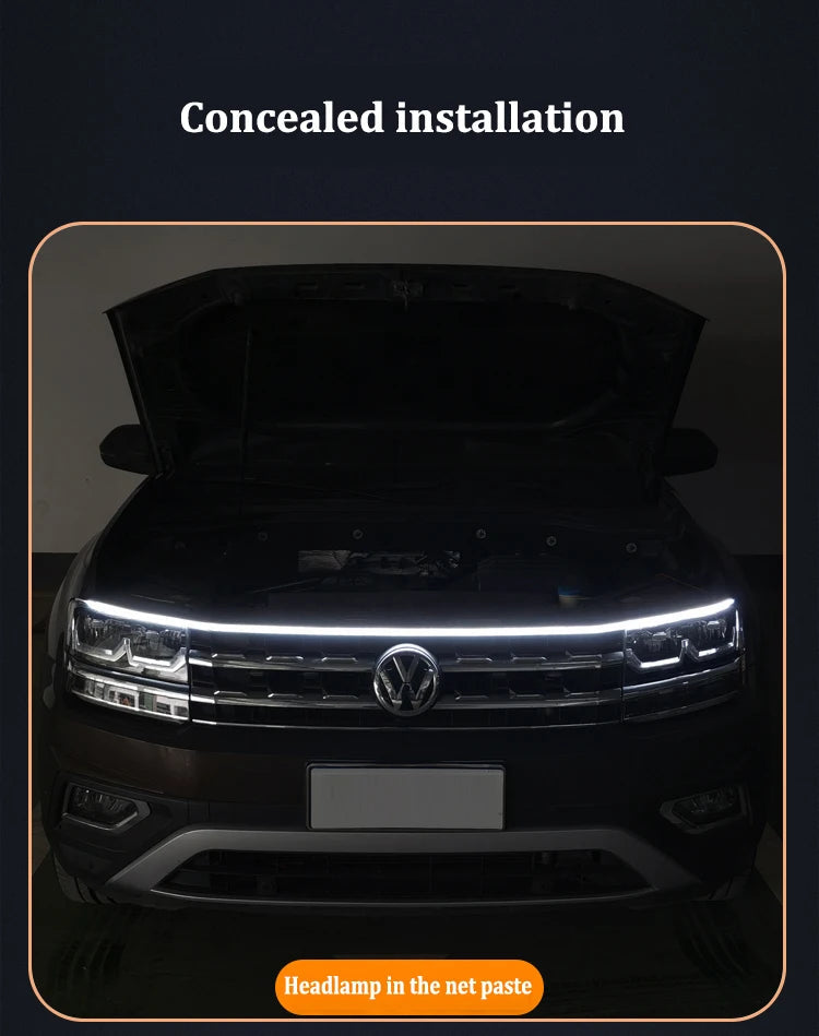 Concealed installation of LED DRL hood light strip under open VW Tiguan bonnet edge showing hidden mounting position