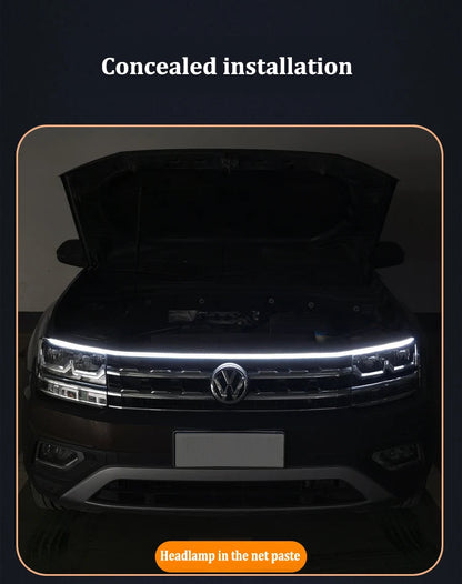 Concealed installation of LED DRL hood light strip under open VW Tiguan bonnet edge showing hidden mounting position