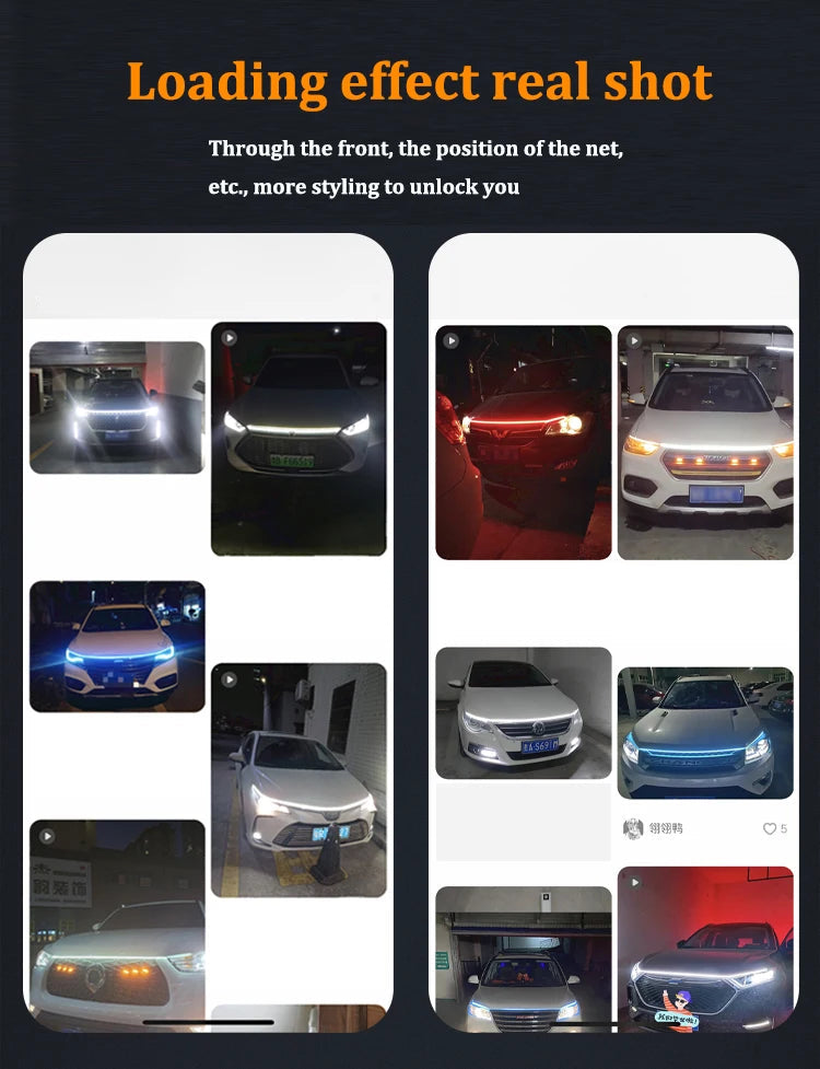 Customer photo collage showing dynamic LED DRL hood light strips installed on various cars in white, red and blue