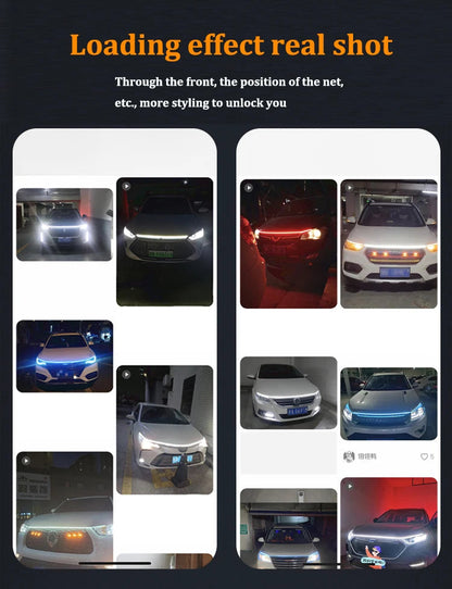 Customer photo collage showing dynamic LED DRL hood light strips installed on various cars in white, red and blue