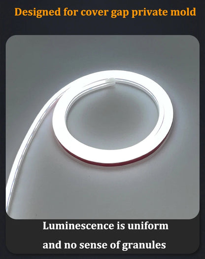 Close-up of flexible LED DRL hood light strip coiled in circle showing uniform seamless glow without granules