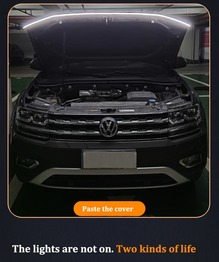 LED DRL hood light strip adhered inside open VW Tiguan bonnet cover with lights off viewed from front