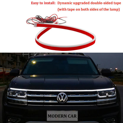 Dynamic LED DRL hood light strip with wiring harness shown uncoiled and installed on VW Tiguan front grille edge
