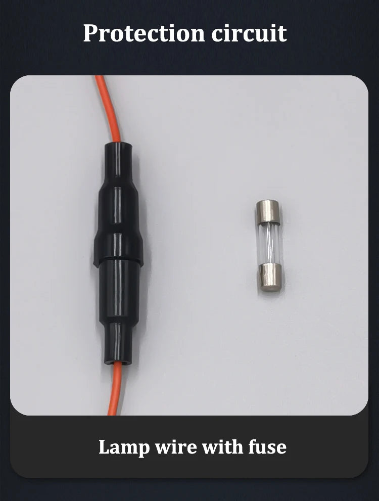 LED hood light strip protection circuit showing inline fuse holder on orange wire with glass fuse beside it