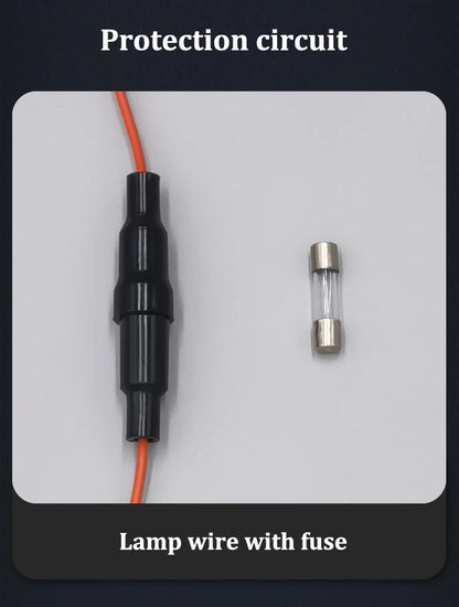LED hood light strip protection circuit showing inline fuse holder on orange wire with glass fuse beside it