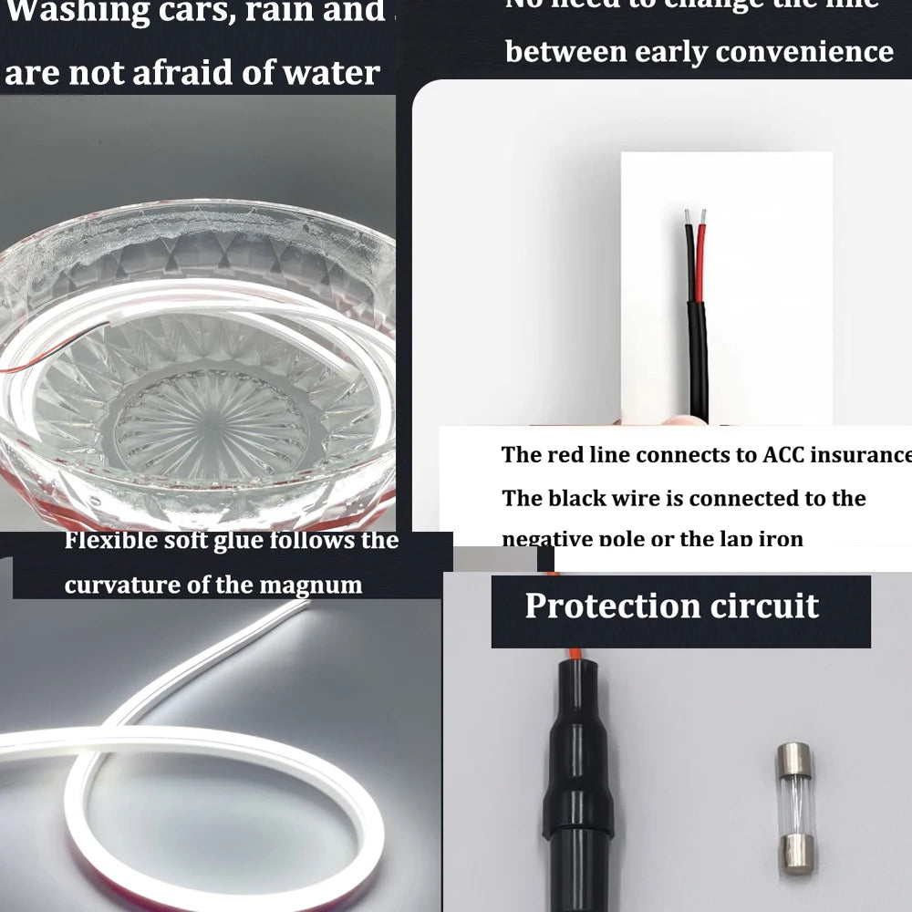 LED hood light strip waterproof test in water bowl, wiring connection diagram and protection circuit fuse shown