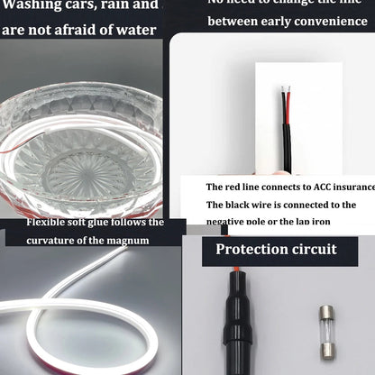 LED hood light strip waterproof test in water bowl, wiring connection diagram and protection circuit fuse shown