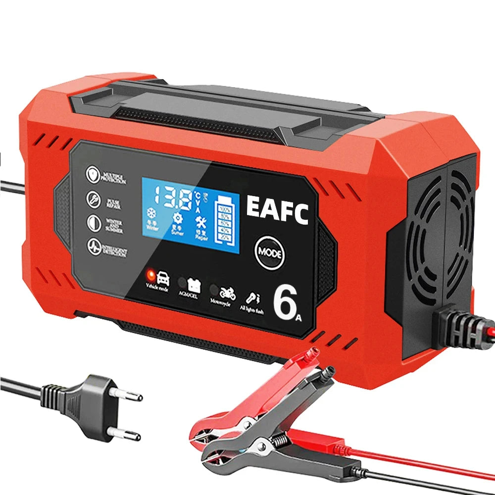 Red EAFC 12V 6A smart battery charger shown from side angle with EU plug and clamp connectors attached
