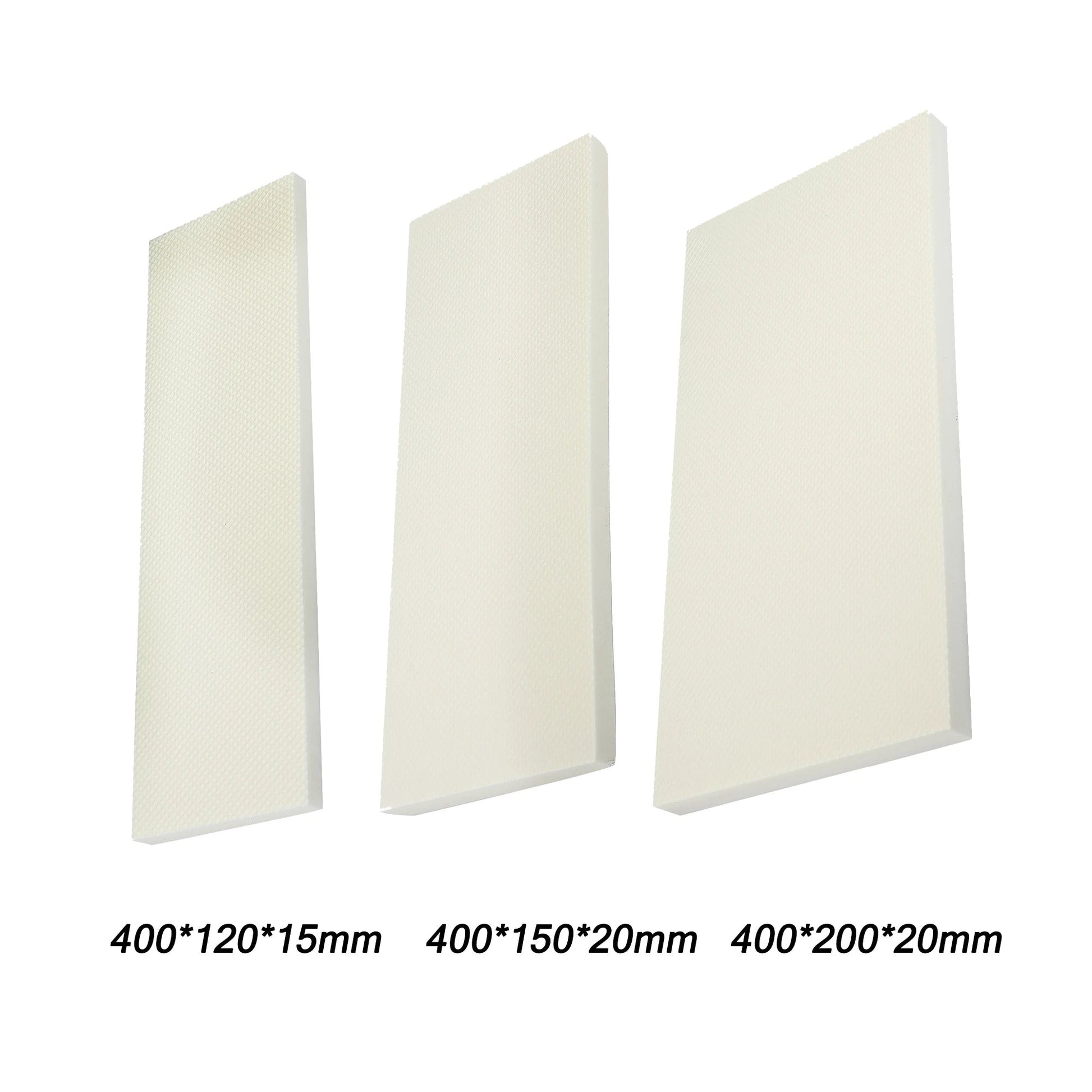 Three white EVA foam garage wall guard panels showing all three size variants