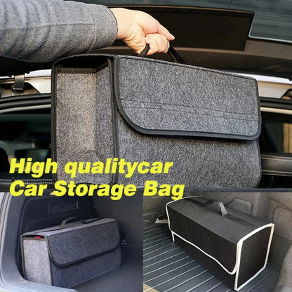 Person carrying gray felt trunk organizer by handle with color variants shown in trunk