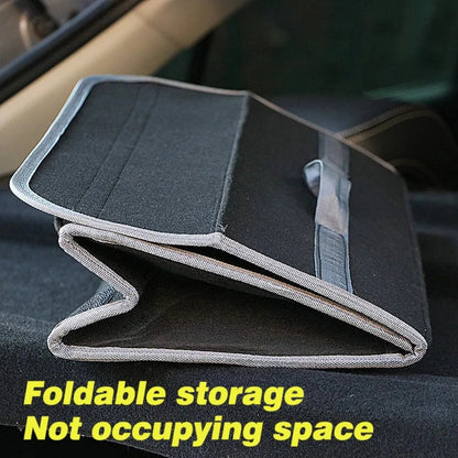 Soft felt trunk organizer folded flat on car seat showing compact foldable design