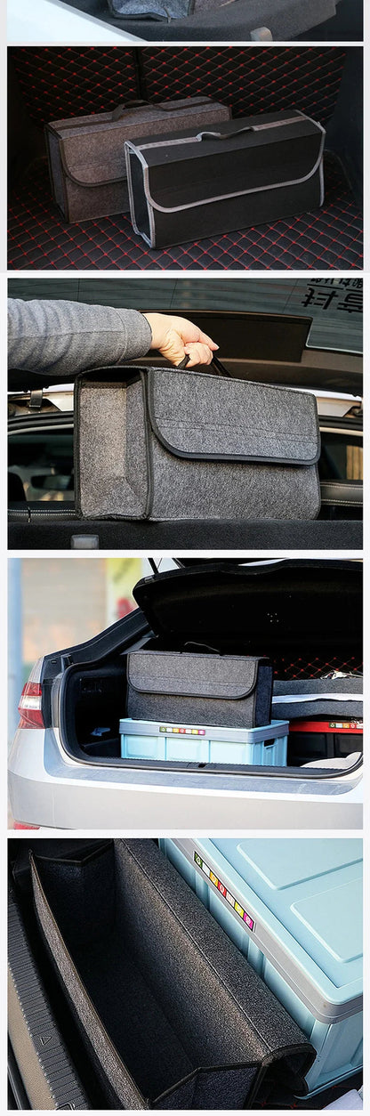 Gray and dark gray felt trunk organizer color variants with anti-slip base detail close-up