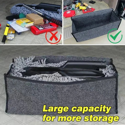 Before and after showing messy trunk vs. felt organizer holding car wash tools and supplies