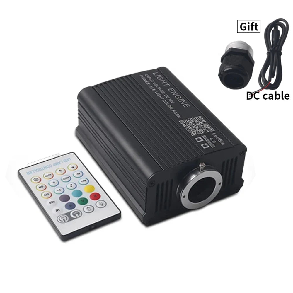Fiber optic light engine with RF remote and DC cable accessory on white background