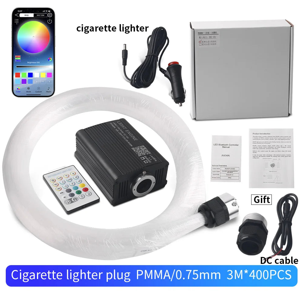Fiber optic star light kit with cigarette lighter plug, app, fiber coil, box, remote â€” 3M 400pcs PMMA 0.75mm