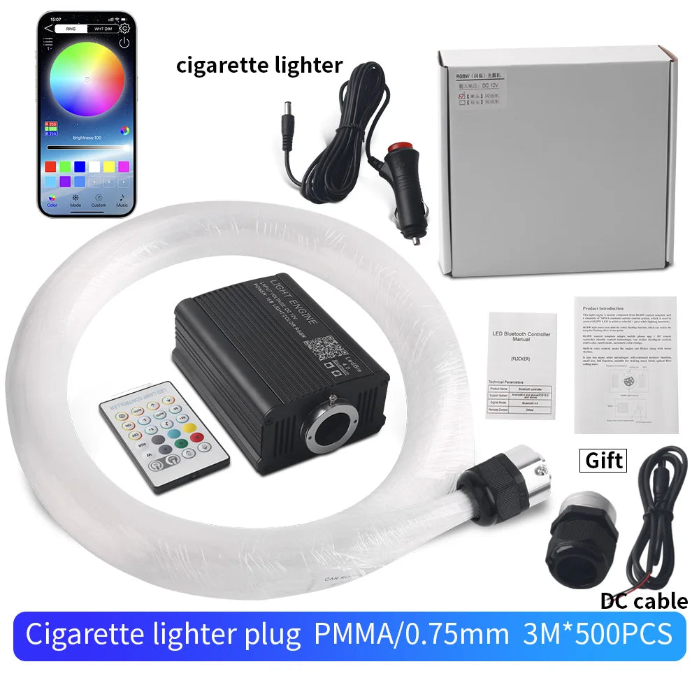 Fiber optic star light kit with cigarette lighter plug, app, fiber coil, box, remote â€” 3M 500pcs PMMA 0.75mm