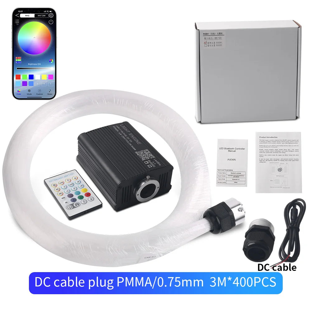 Fiber optic star light kit with DC cable plug, app, fiber coil, box, remote â€” 3M 400pcs PMMA 0.75mm