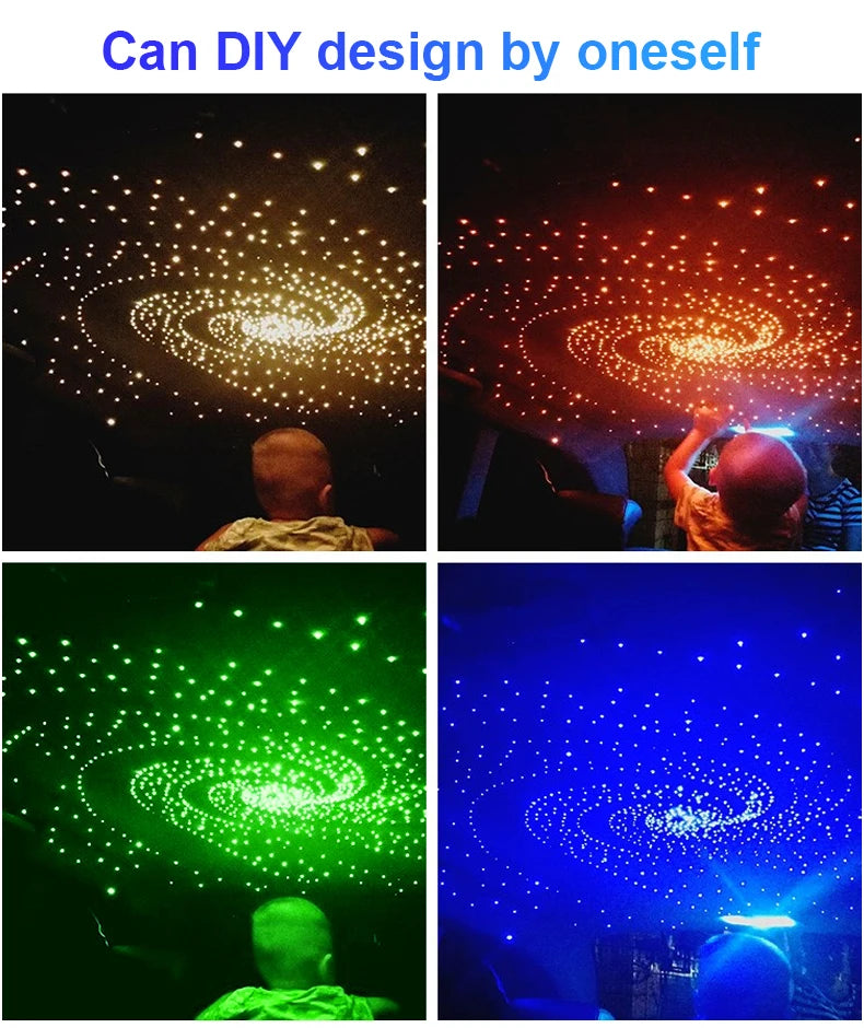 DIY galaxy star ceiling in car in four colors: white, orange, green, blue