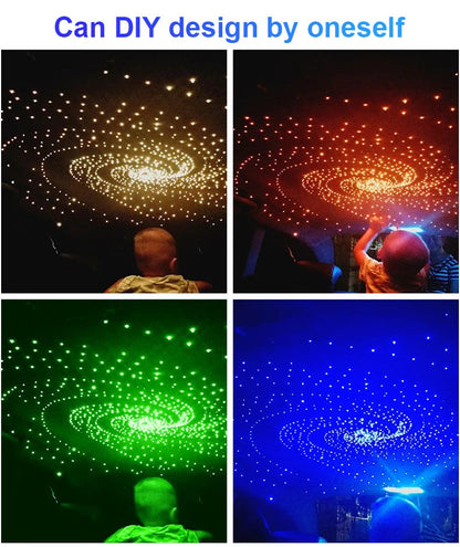 DIY galaxy star ceiling in car in four colors: white, orange, green, blue