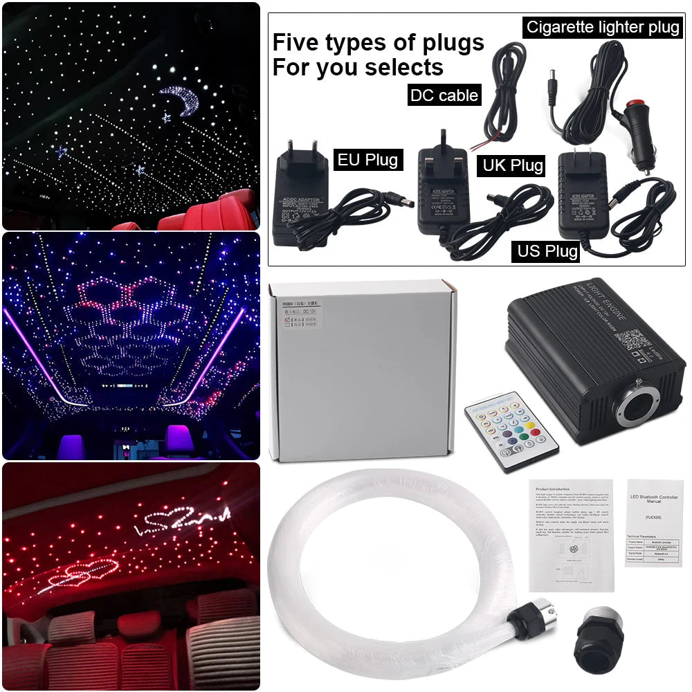 Fiber optic car headliner showing star pattern, lion face, and cursive text designs, with plug types and box contents