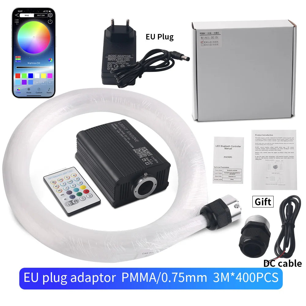 Fiber optic star light kit with EU plug adapter, app, fiber coil, box, remote â€” 3M 400pcs PMMA 0.75mm