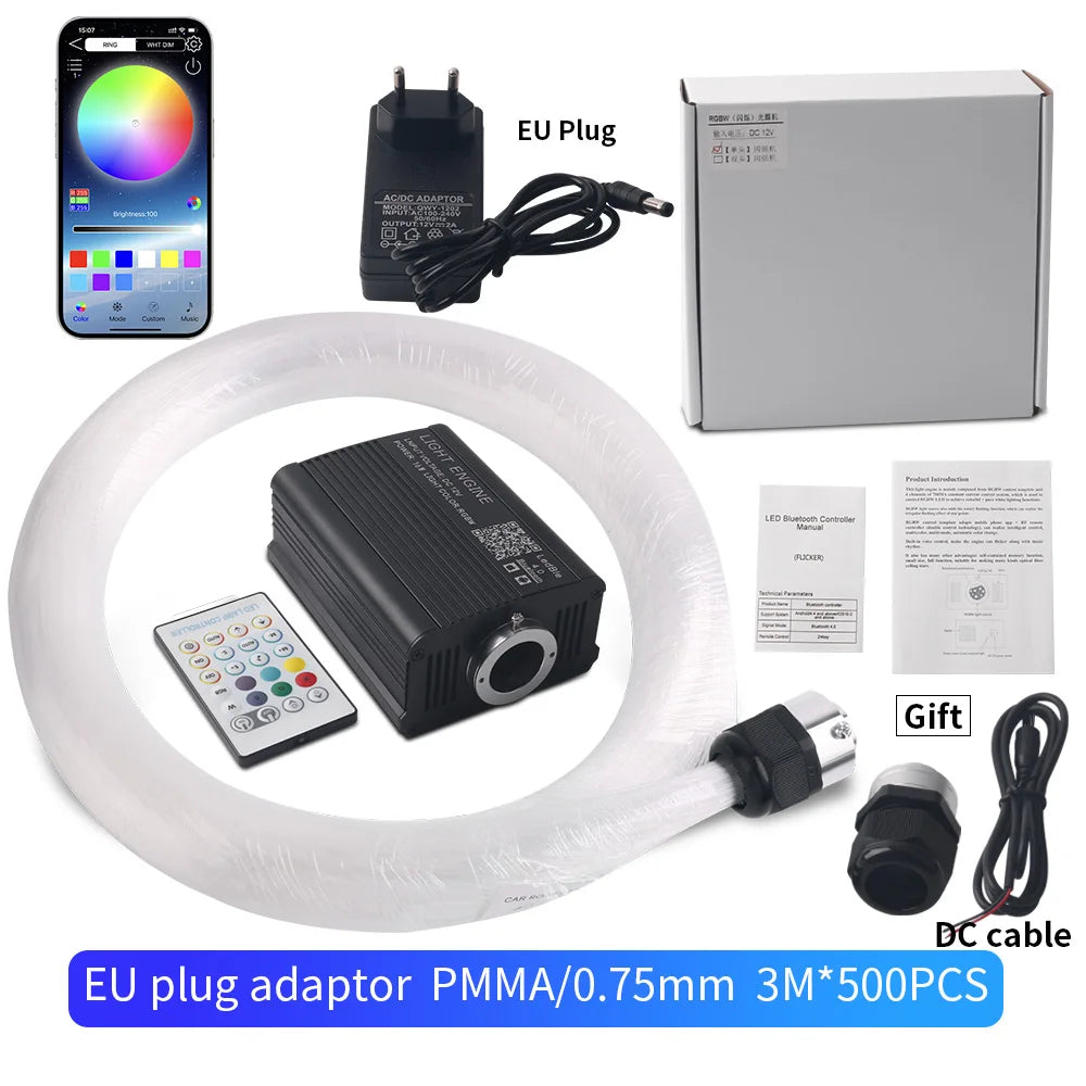Fiber optic star light kit with EU plug adapter, app, fiber coil, box, remote â€” 3M 500pcs PMMA 0.75mm