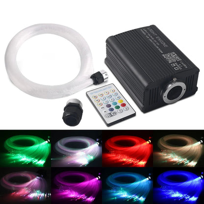Fiber optic star light kit full contents: fiber bundle coil, light engine, remote, connector, with 8 color swatches
