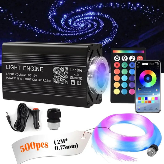 1000-piece RGB fiber optic star light kit illuminating car ceiling with galaxy effect