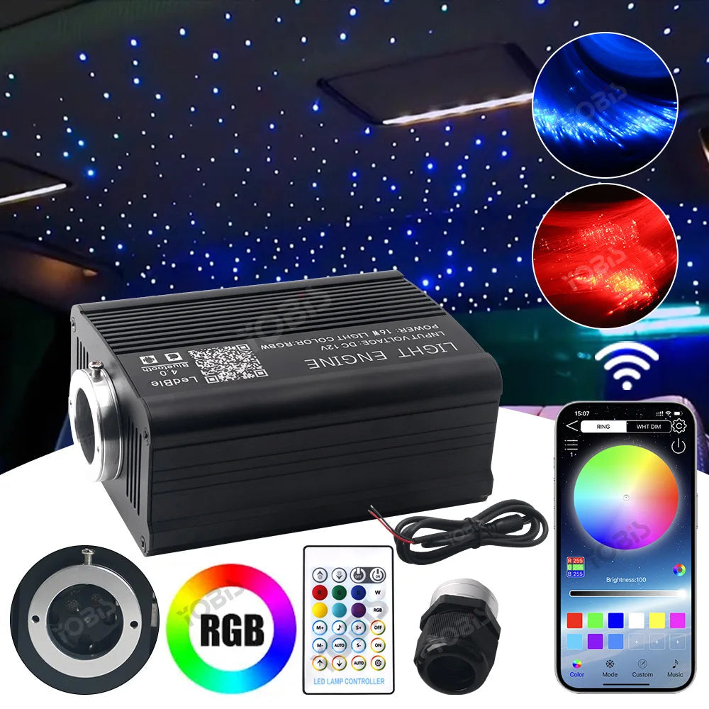 Fiber optic star light kit with RGB light engine, remote control, and app showing blue and red car headliner effects
