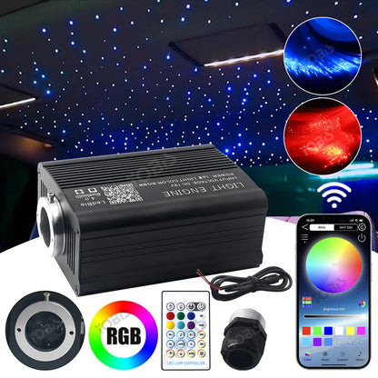 Fiber optic star light kit with RGB light engine, remote control, and app showing blue and red car headliner effects