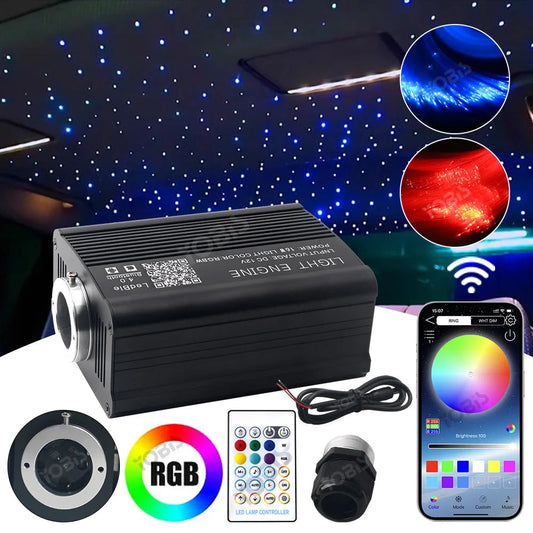Fiber optic star light kit with RGB light engine, remote control, and app showing blue and red car headliner effects