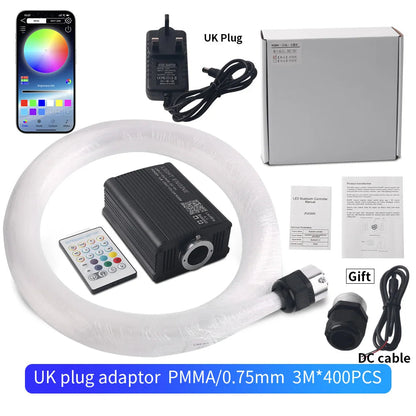 Fiber optic star light kit with UK plug adapter, app, fiber coil, box, remote â€” 3M 400pcs PMMA 0.75mm