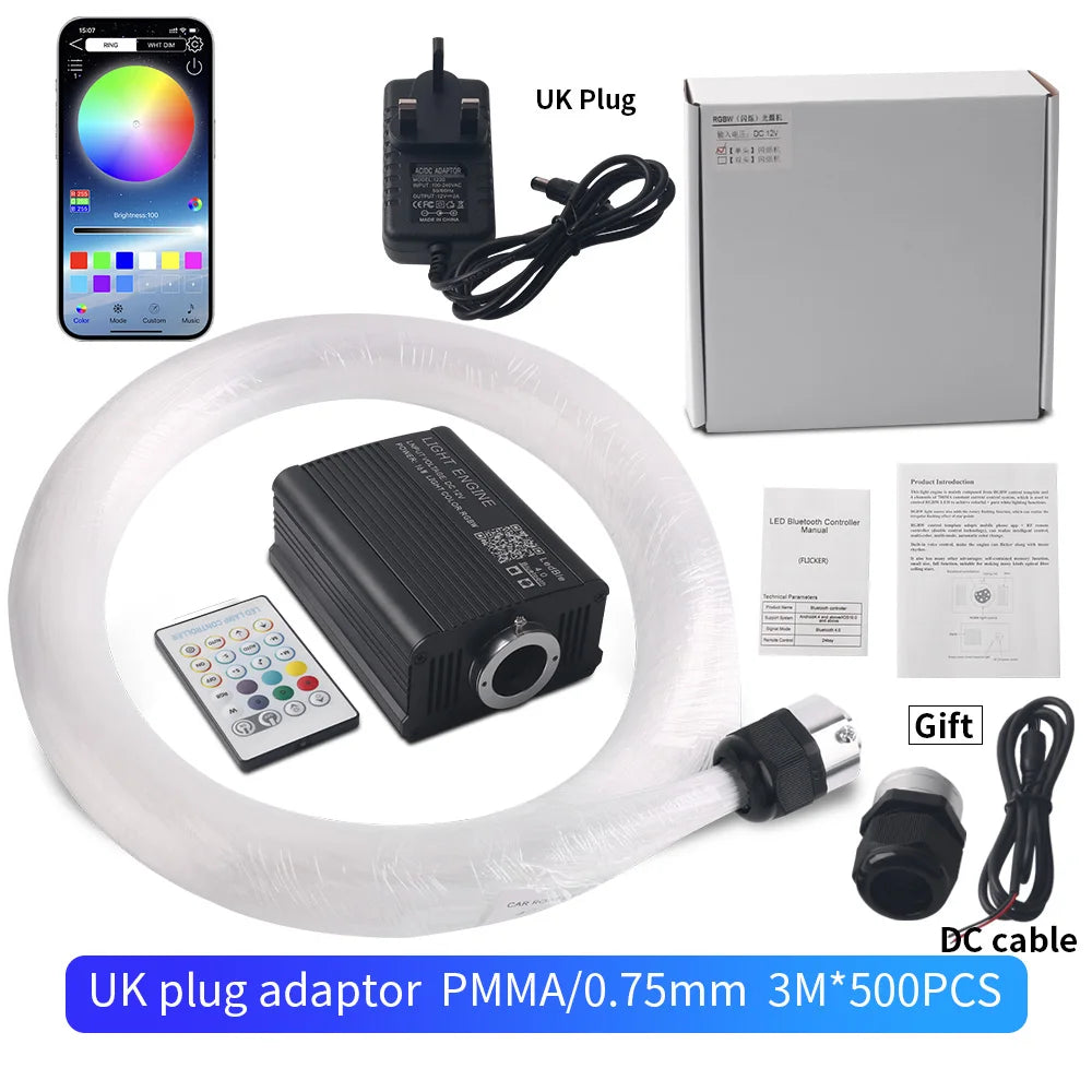 Fiber optic star light kit with UK plug adapter, app, fiber coil, box, remote â€” 3M 500pcs PMMA 0.75mm