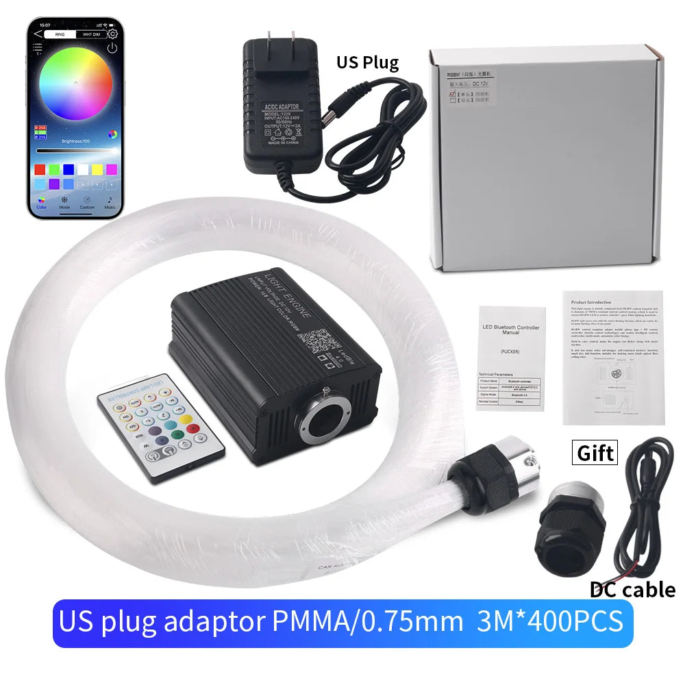 Fiber optic star light kit with US plug adapter, app, fiber coil, box, remote â€” 3M 400pcs PMMA 0.75mm