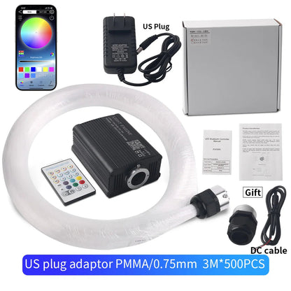 Fiber optic star light kit with US plug adapter, app, fiber coil, box, remote â€” 3M 500pcs PMMA 0.75mm