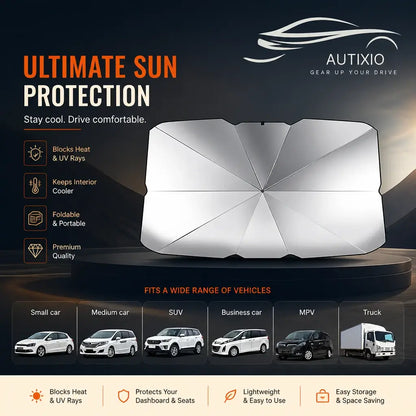 Silver reflective foldable car sunshade windshield protector showing ultimate sun protection foldable portable premium quality fits small car medium car SUV business car MPV and truck