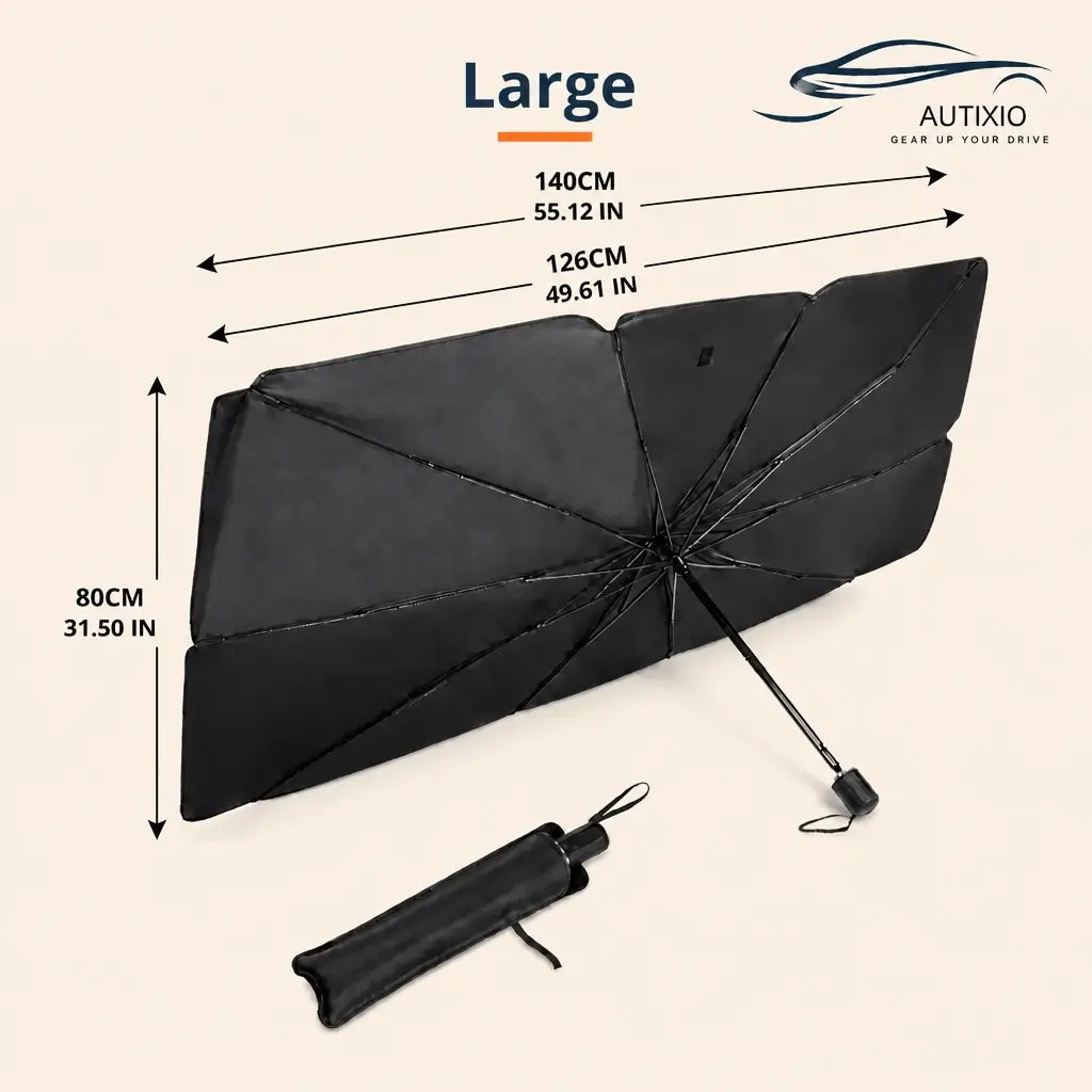 Foldable car sunshade umbrella big size 140x126cm width 80cm height opened with black UV blocking fabric and compact black storage bag on beige background