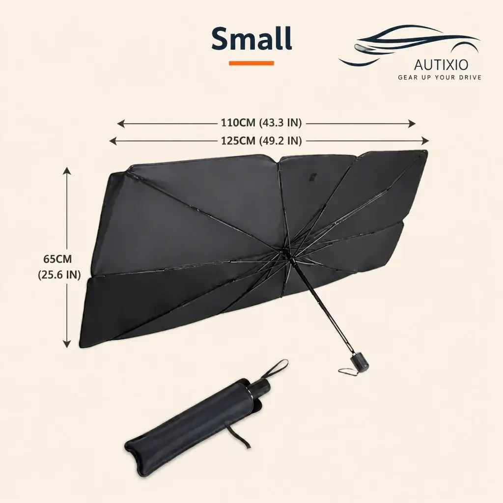 Foldable car sunshade umbrella small size 110x125cm width 65cm height opened with black UV blocking fabric and compact black storage bag on beige background