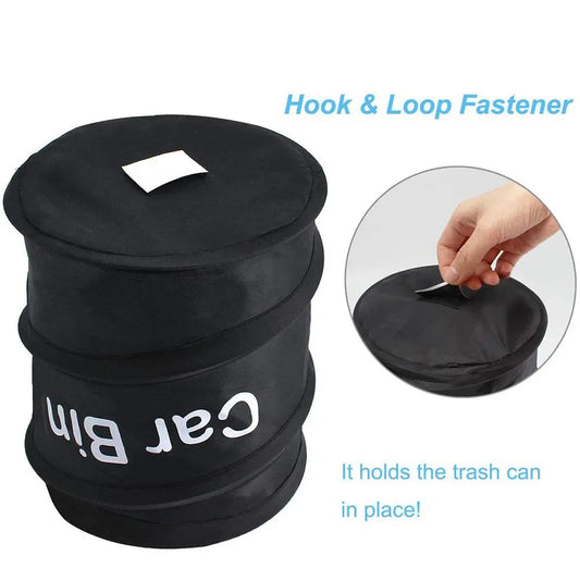 Black pop-up car bin with lid closed and hook-and-loop velcro fastener callout keeping it in place