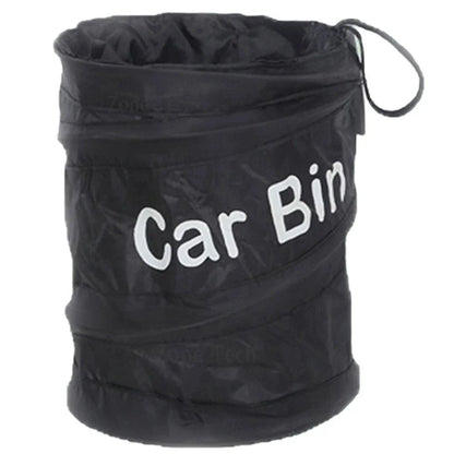 Black pop-up car bin fully open showing carry handle and Car Bin label on side