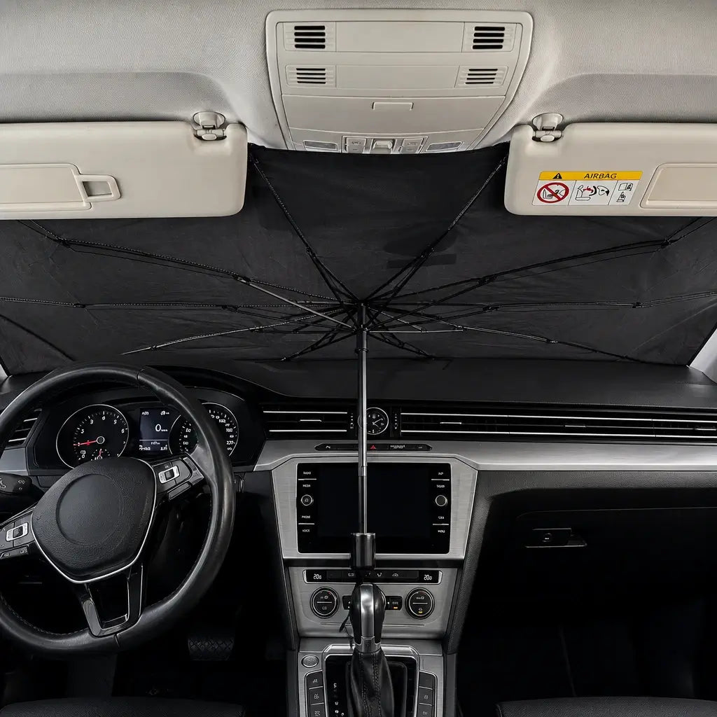 Foldable umbrella car windshield sunshade real-life installation inside Volkswagen showing full windshield coverage from inside cabin view with dashboard and steering wheel