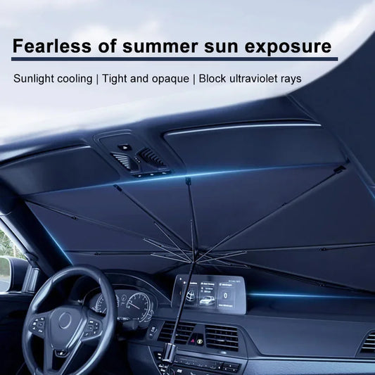 Foldable windshield sunshade fully expanded inside car to block UV rays and reduce summer heat