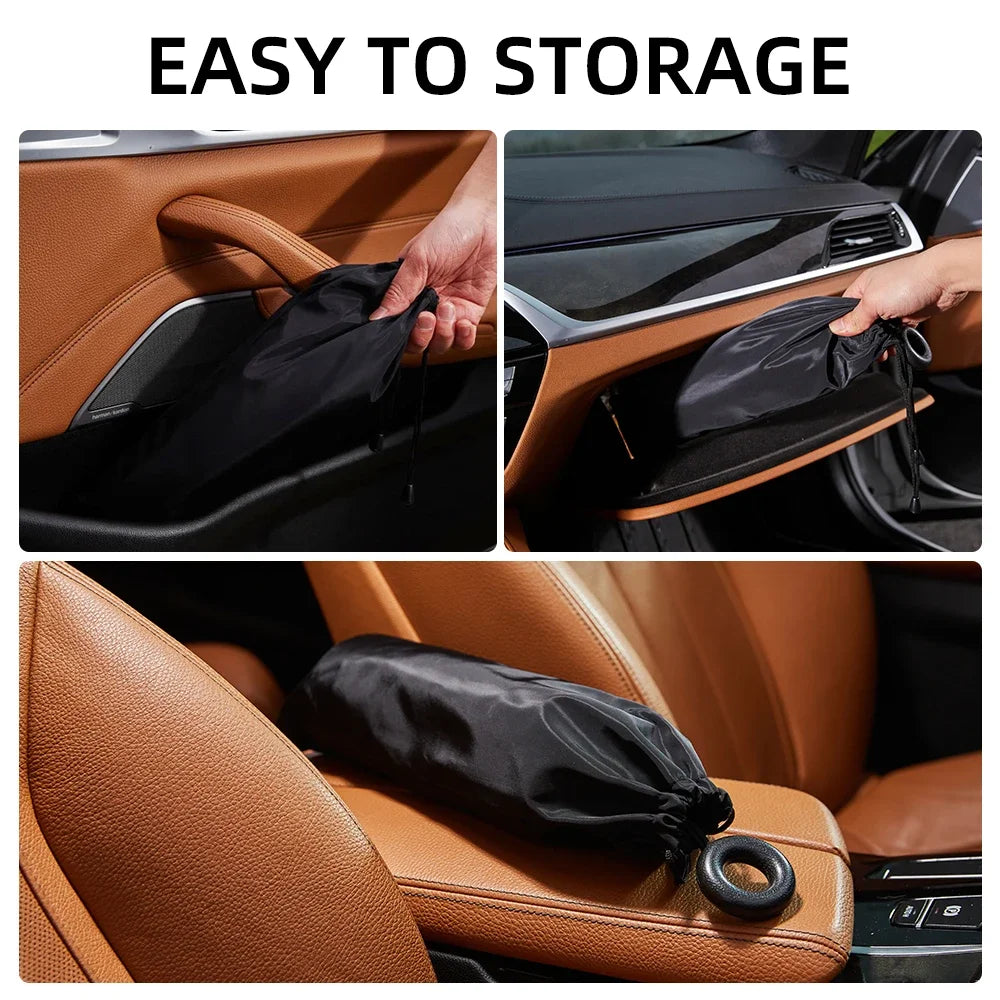 Foldable windshield sunshade umbrella stored in door pocket, dashboard tray and on car seat showing compact storage options