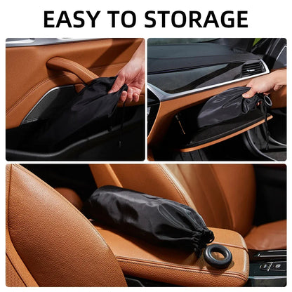 Foldable windshield sunshade umbrella stored in door pocket, dashboard tray and on car seat showing compact storage options