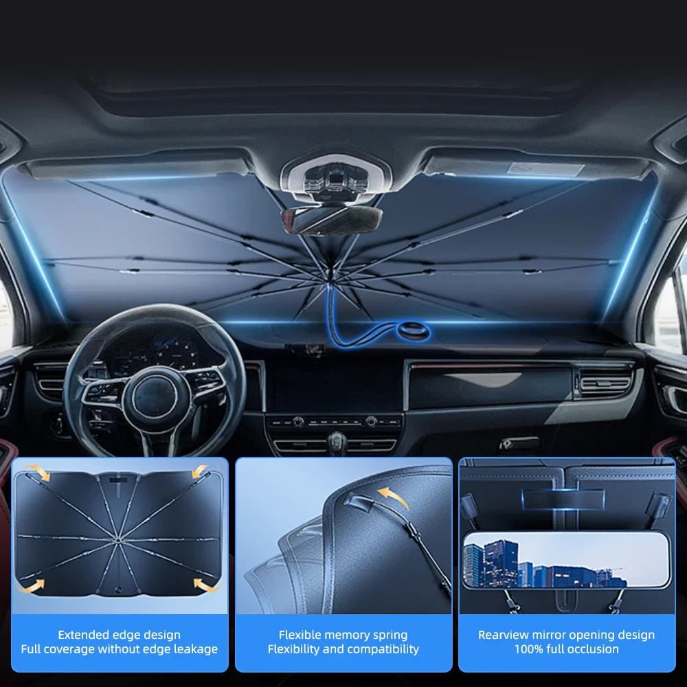 Foldable sunshade umbrella in car windshield highlighting extended edge coverage, flexible memory spring and mirror opening design