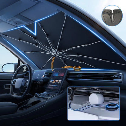 Foldable windshield sunshade umbrella opened inside car covering full windshield with folded compact form shown in inset