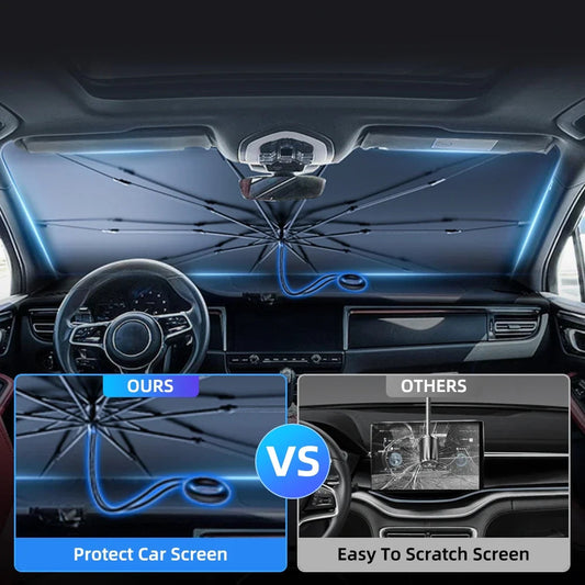 Windshield sunshade umbrella installed in car showing screen-safe design compared to competitor that scratches navigation screen